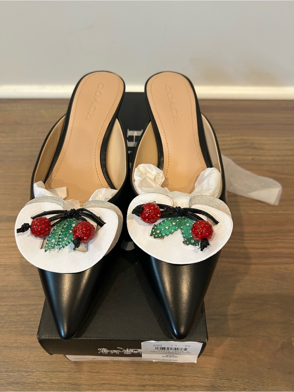 Coach Black Leather Pointed-Toe Mules with Red Bead & Green Leaf Detail
